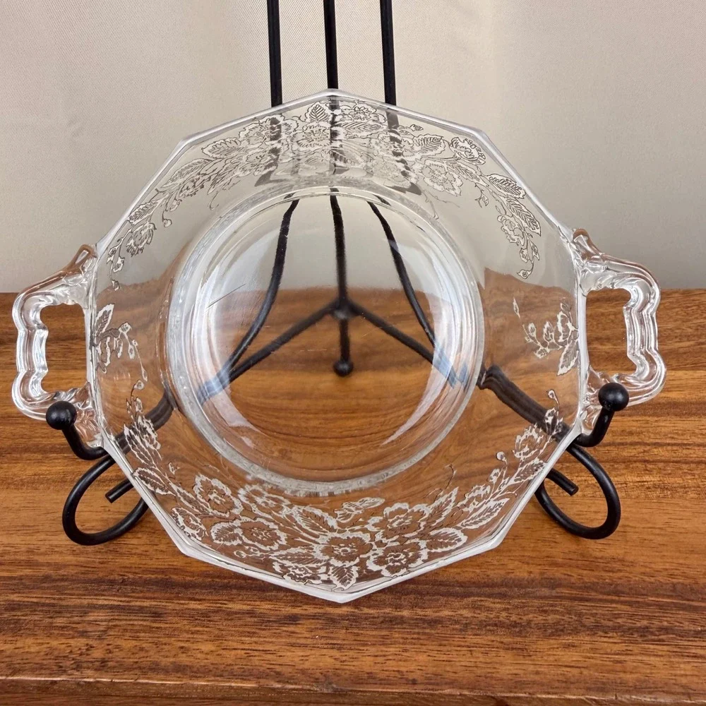 Silver City Glass Sterling Silver Overlay Floral Bowl Octagonal Handled Vintage